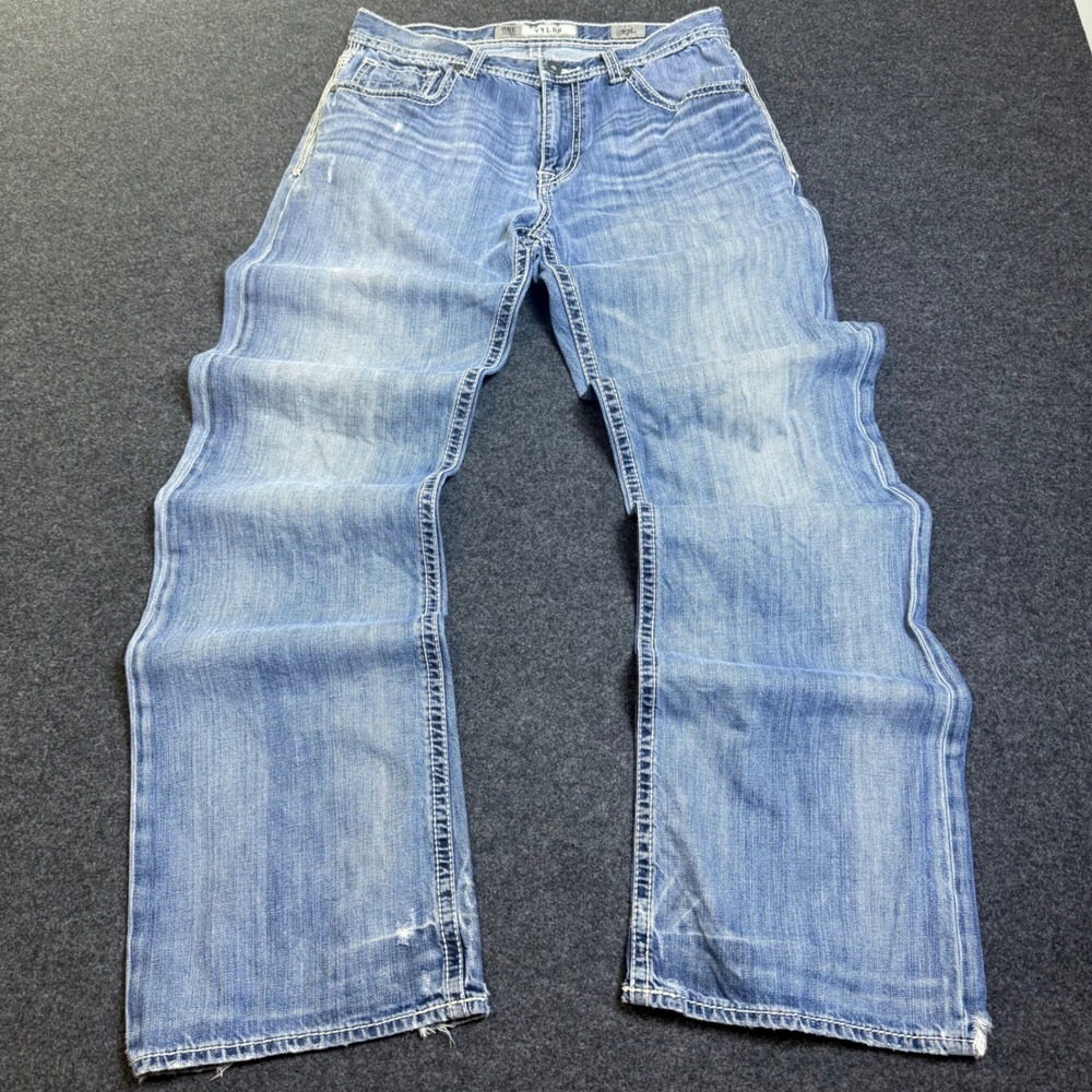 BKE Tyler Jeans Mens 32L Blue Distressed Y2K Baggy Straight Leg Heavy Stitch